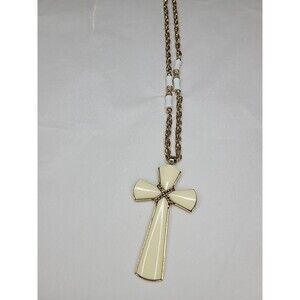 Vintage Avon Sara Cov  Gold Tone Acrylic Cross Pendant 2.75"T  Necklace 32"L